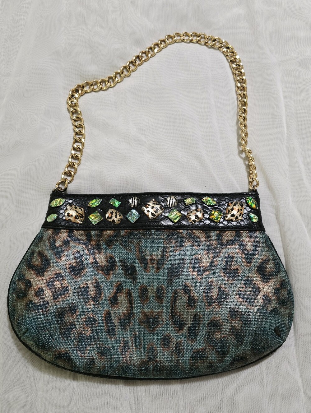 Christian Audigier Vintage 90s Blue Green Gold Leopard Print Handbag Purse